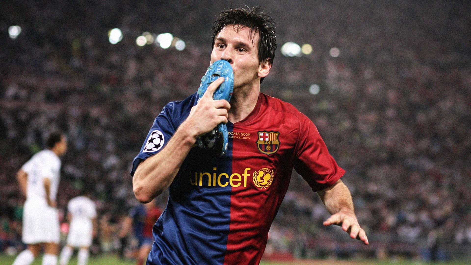 Messi celebrating a goal in the FC Barcelona 2014-15 blaugrana home jersey during the treble-winning season