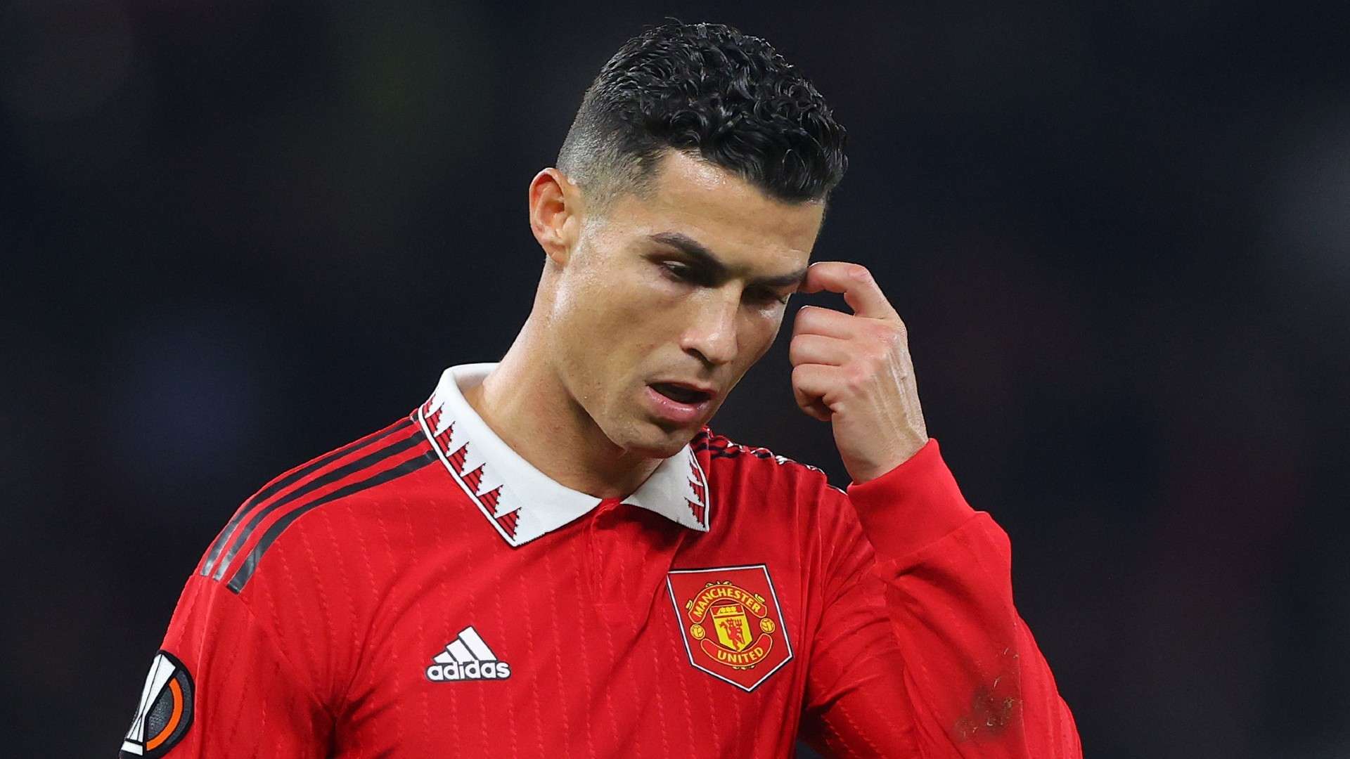 Cristiano Ronaldo wearing the iconic red Nike Manchester United No. 7 jersey during the 2007-08 Double-winning season