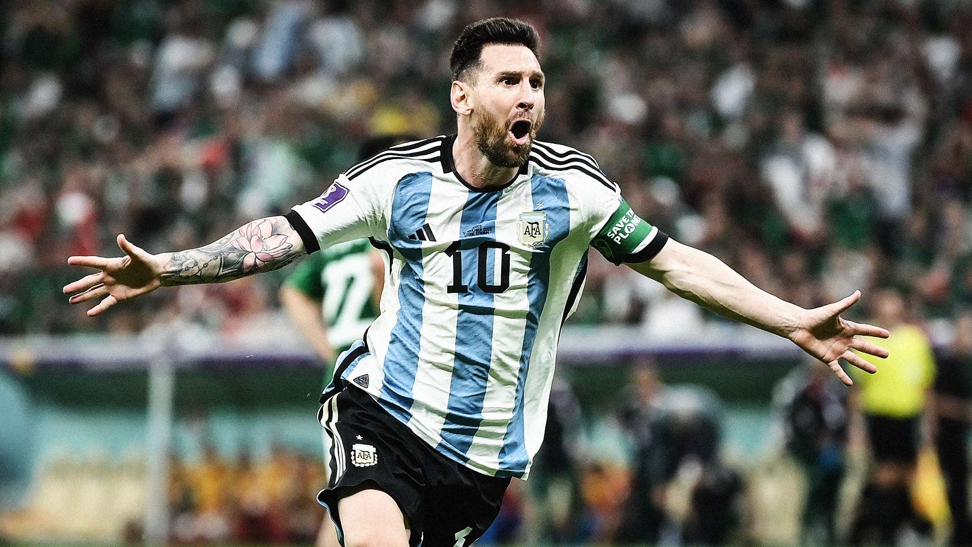 Lionel Messi in the Argentina national team jersey lifting the World Cup