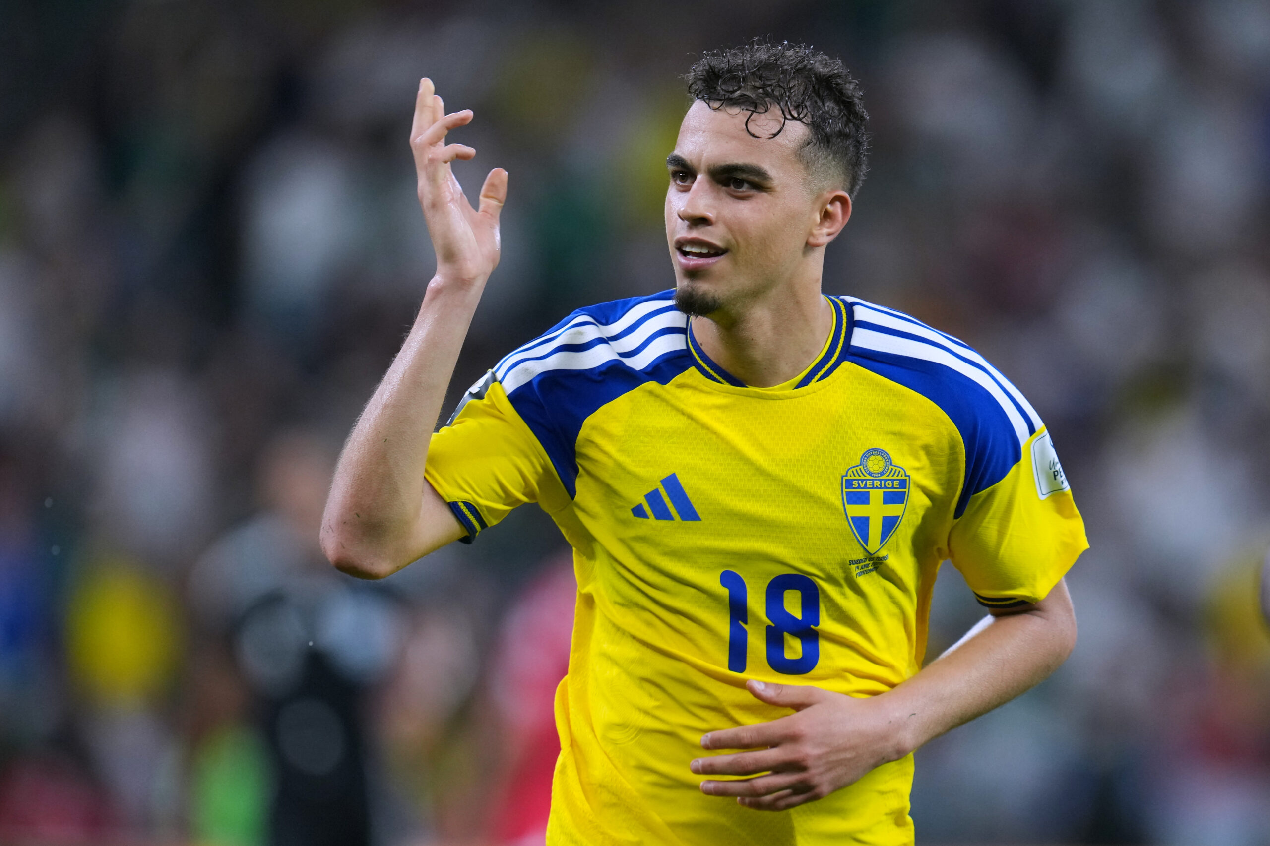 Yasin Ayari celebrates a goal for Sweden against Tunisia at the 2026 World Cup