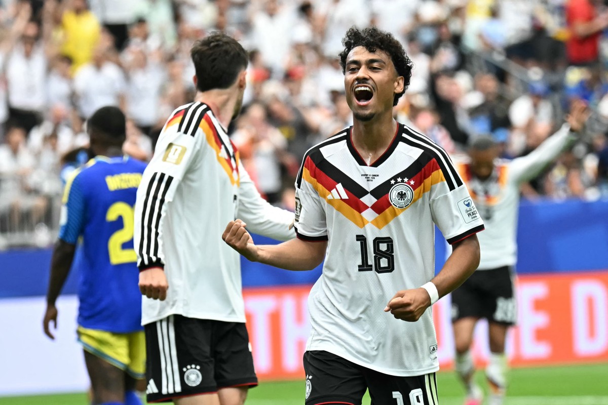 Nathaniel Brown celebrates a goal for Germany against Curaçao at the 2026 World Cup
