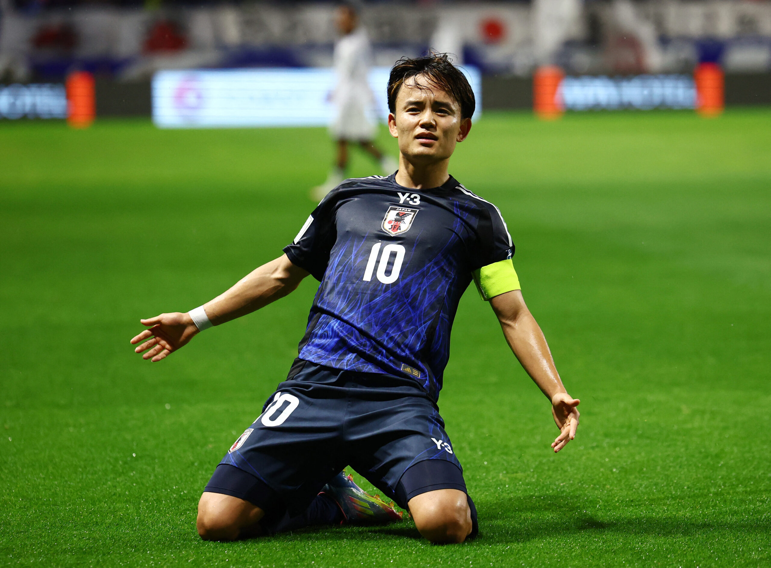 Takefusa Kubo celebrates a goal for Japan
