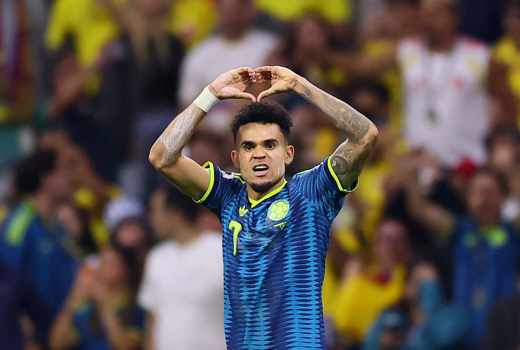 Luis Diaz celebrates his goal for Colombia against Uzbekistan at the 2026 World Cup