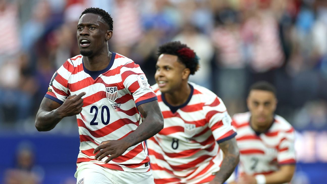 Folarin Balogun celebrates one of his two goals for the USA against Paraguay at the 2026 World Cup