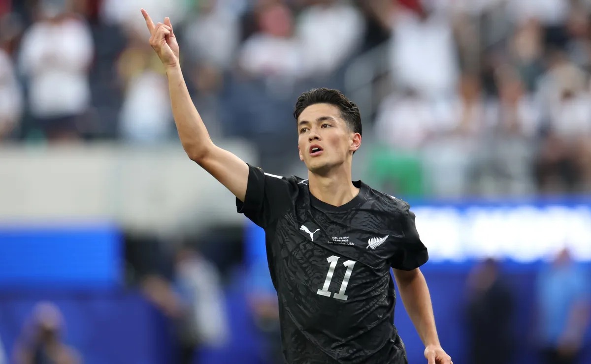 New Zealand's Elijah Just celebrates after scoring against Iran at the 2026 World Cup