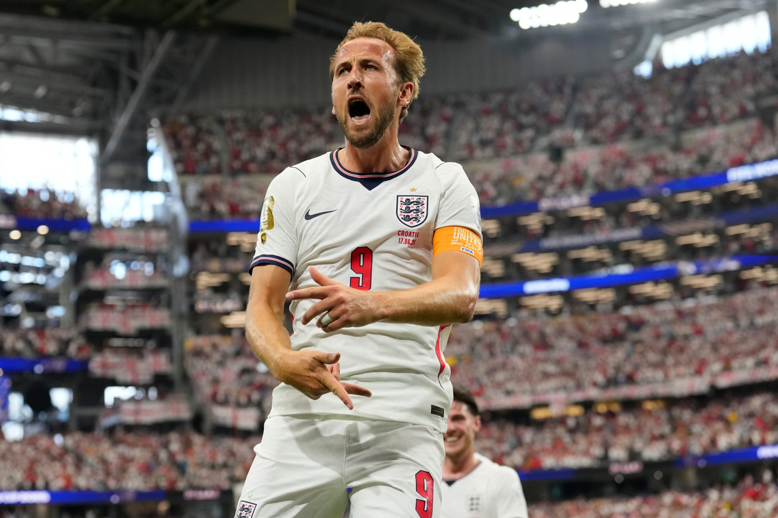 Harry Kane celebrates scoring for England against Croatia at the 2026 World Cup