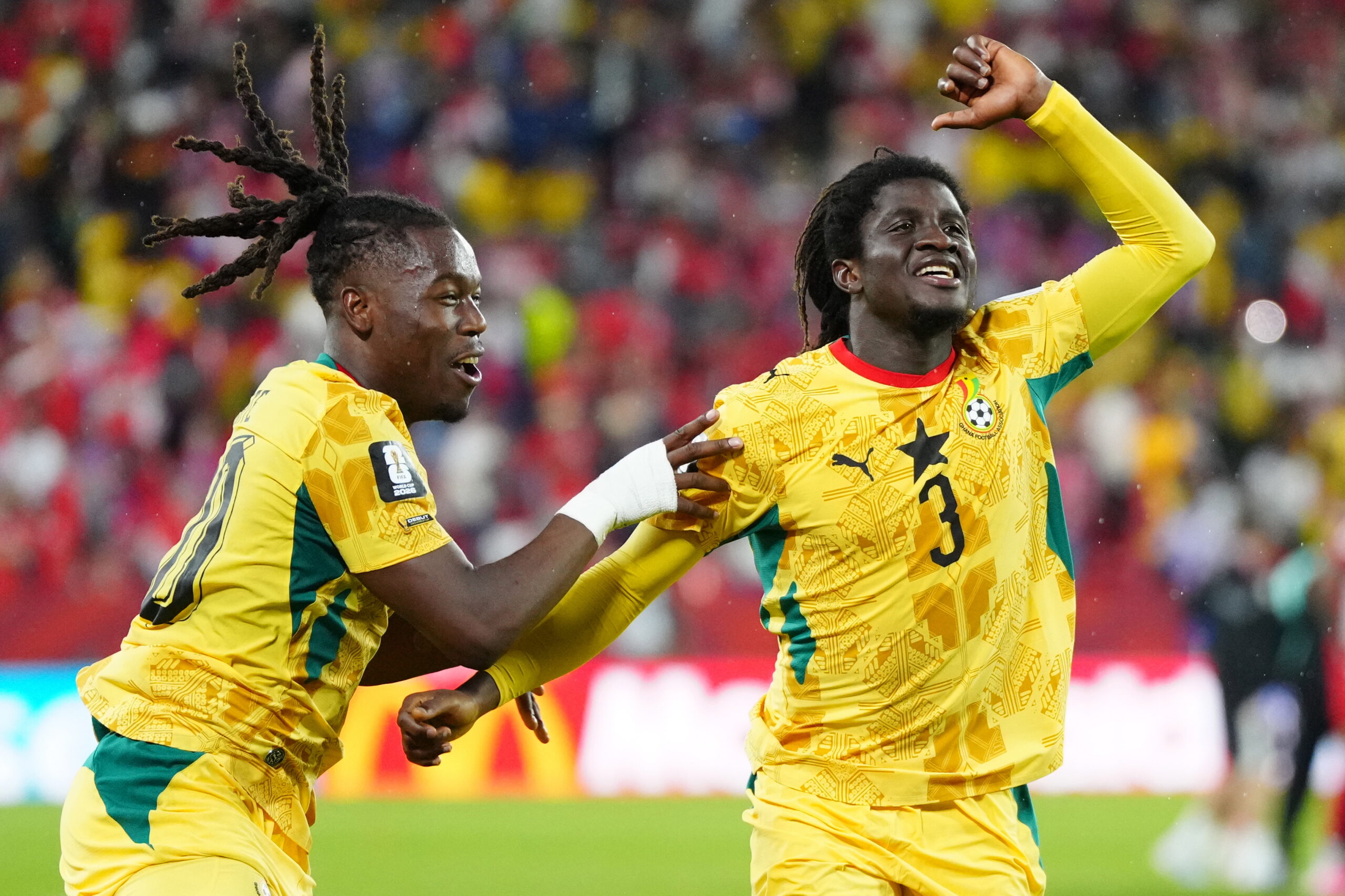 Caleb Yirenkyi and Brandon Thomas-Asante celebrate Ghana's late winner over Panama at the 2026 World Cup