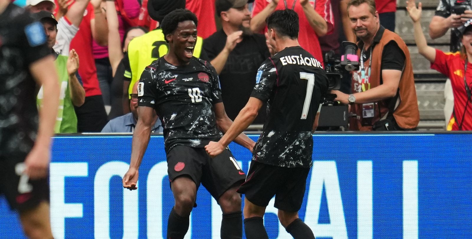Jonathan David celebrates during Canada's 6-0 win over Qatar at the 2026 World Cup