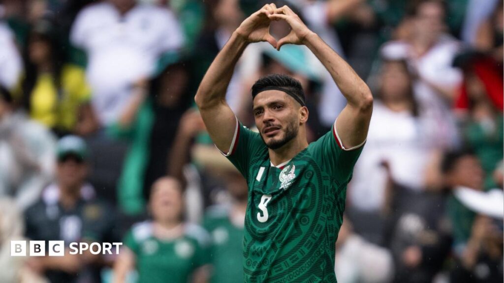 A Mexico player celebrates in the green home shirt; Mexico face Ecuador in the 2026 World Cup Round of 32.