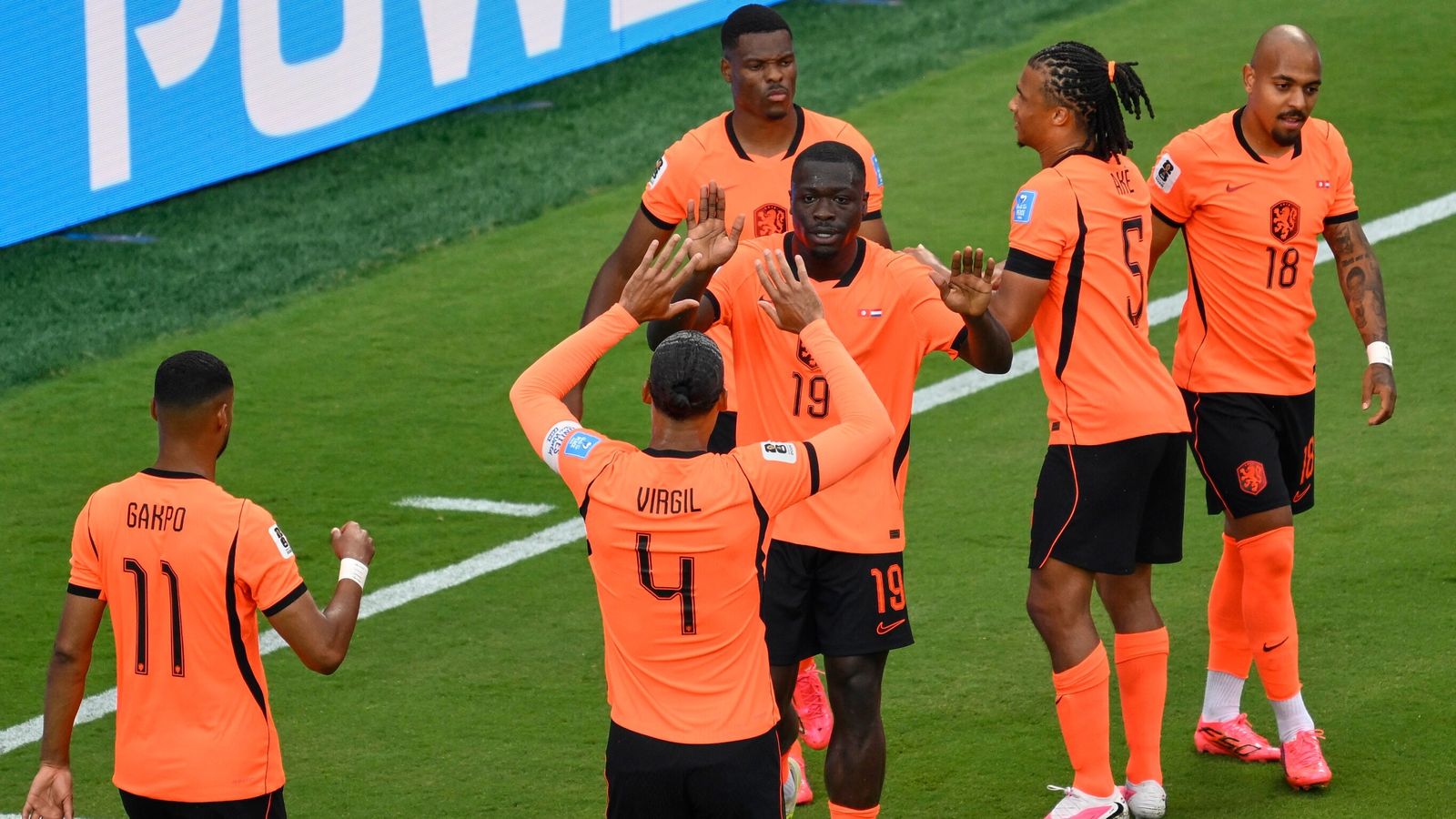 Netherlands players celebrate Brian Brobbey's goal with Virgil van Dijk during their 3-1 World Cup 2026 win over Tunisia in Kansas City
