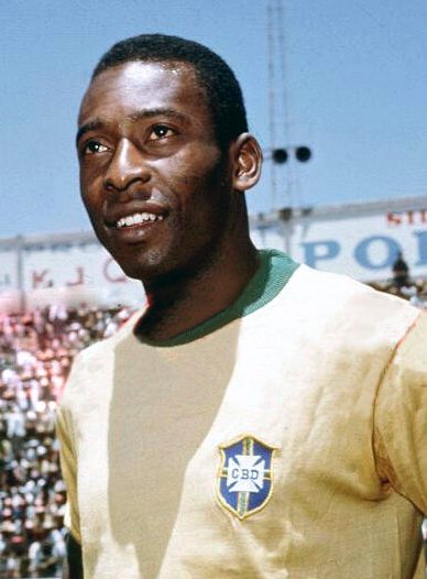 Pele in a Brazil shirt, a three-time World Cup winner