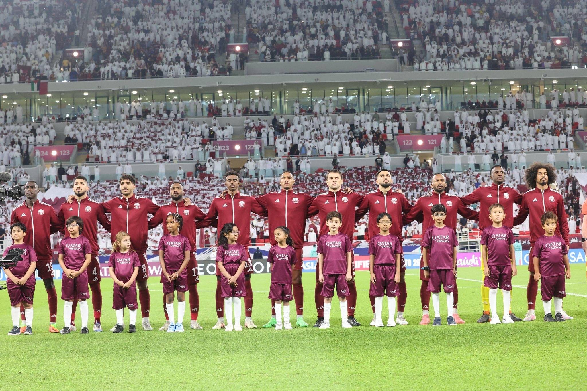 Qatar national team line up before a 2026 World Cup qualifier
