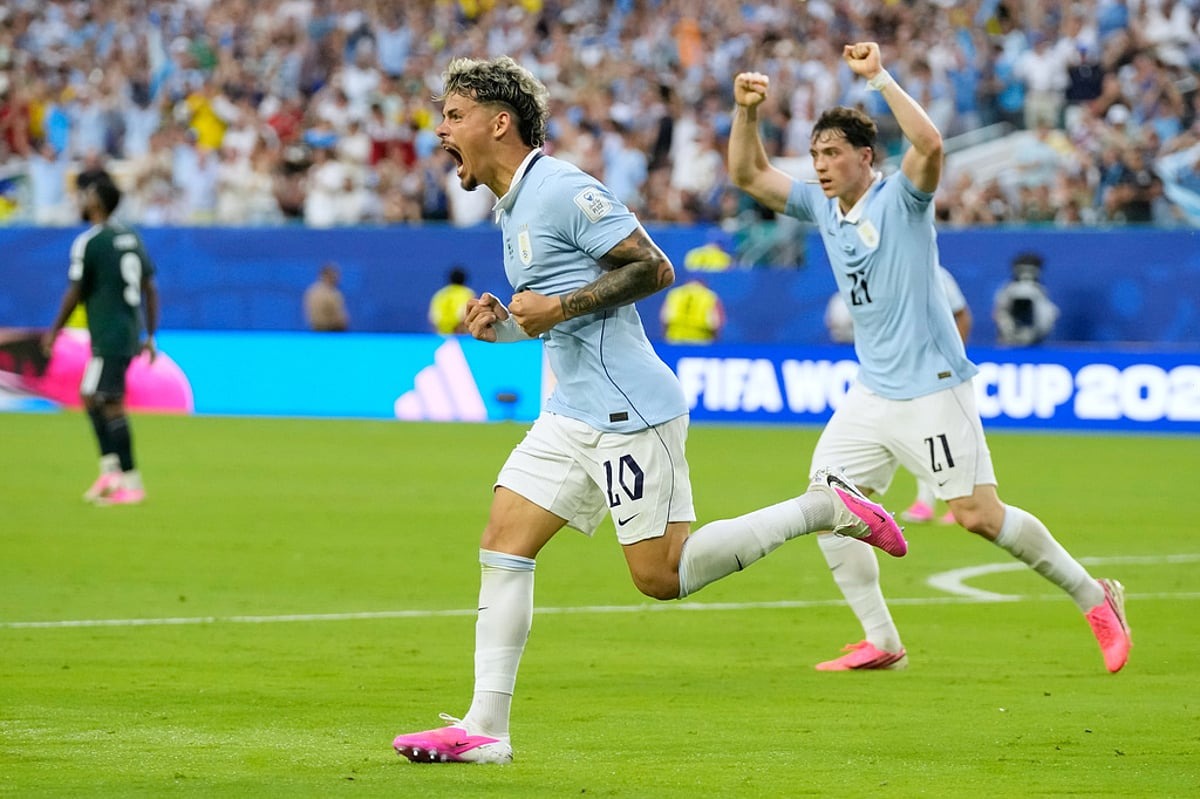 Uruguay's Maxi Araujo celebrates his late equaliser against Saudi Arabia at the 2026 World Cup