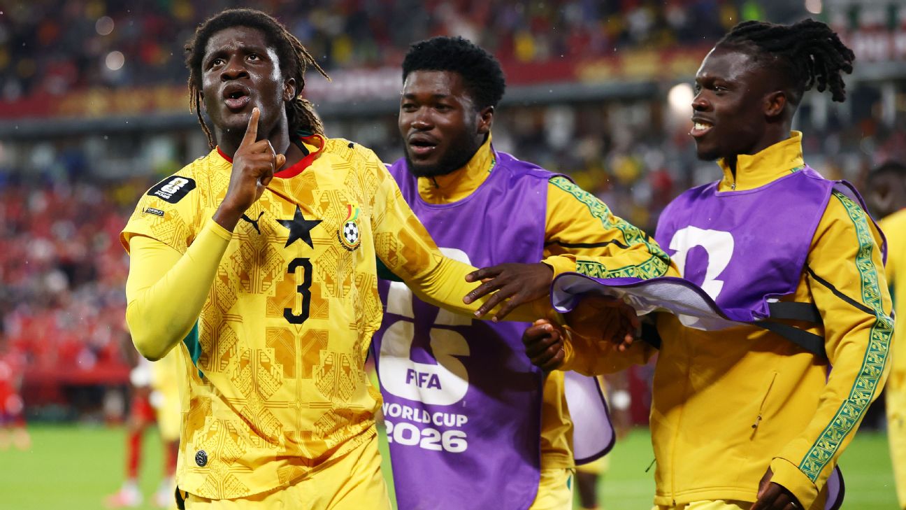 Caleb Yirenkyi and Brandon Thomas-Asante celebrate Ghana's late winner over Panama at the 2026 World Cup