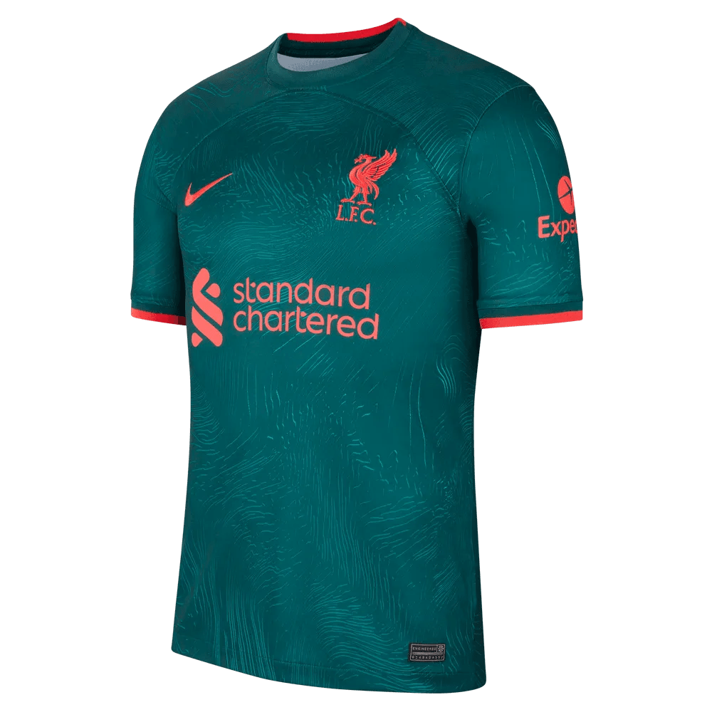 The dark atomic teal Liverpool 2022/23 third shirt with siren red trim