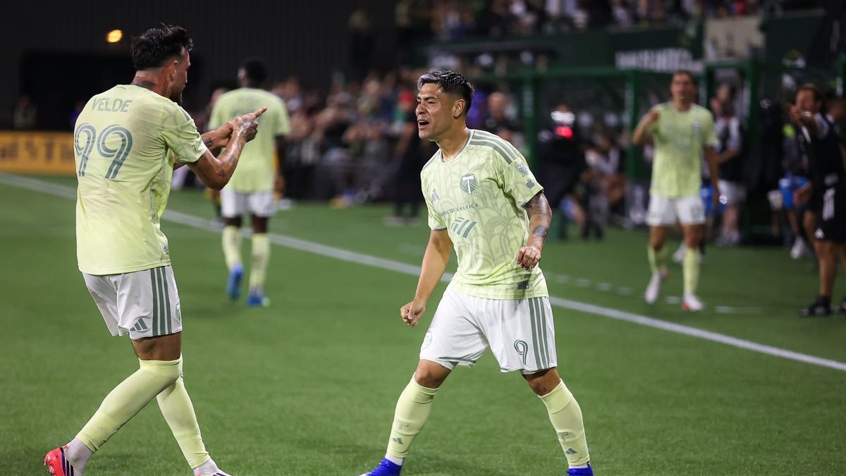 Felipe Mora celebrates his stoppage-time equalizer with Kristoffer Velde against FC Dallas