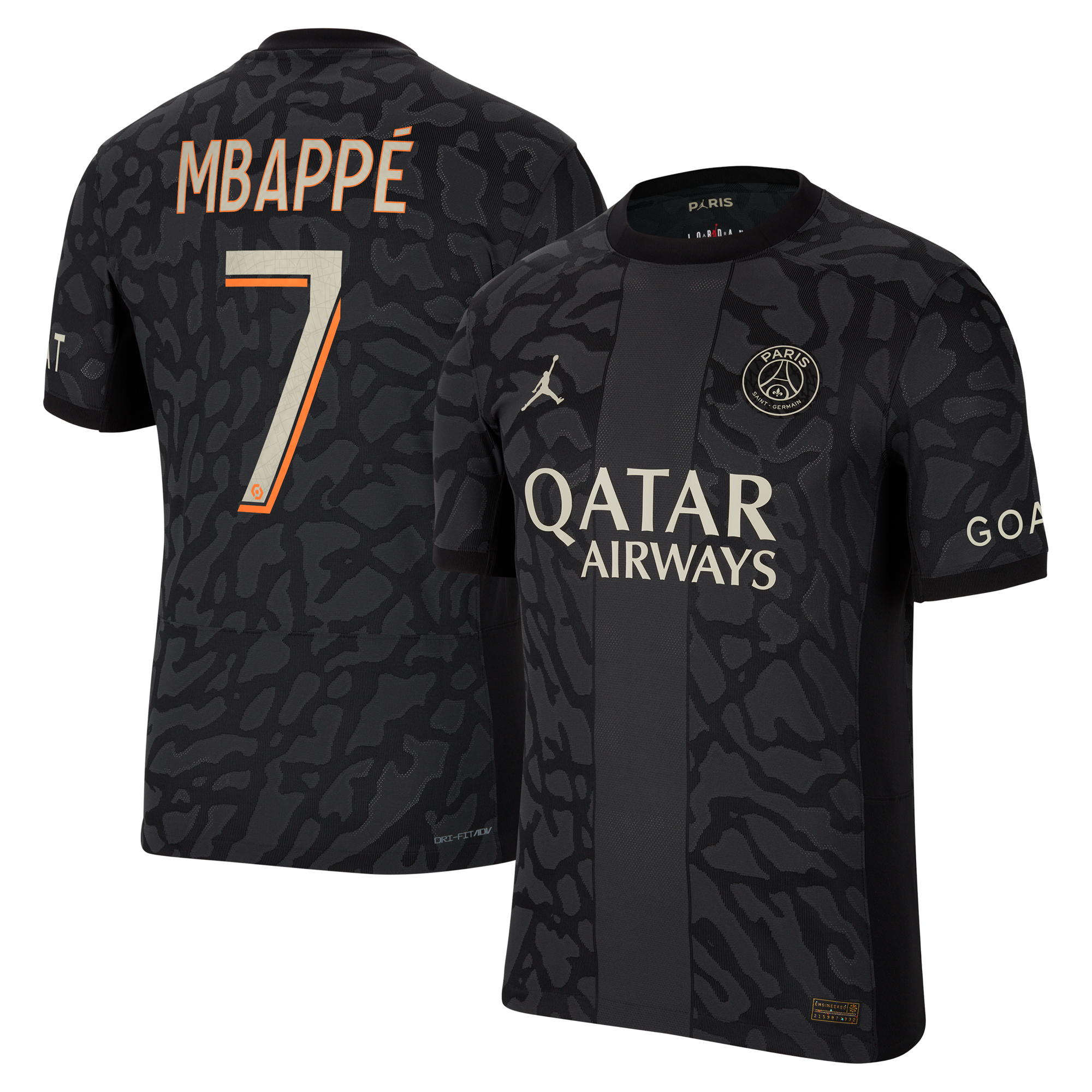 Kylian Mbappé in a black jersey celebrating in front of the crowd