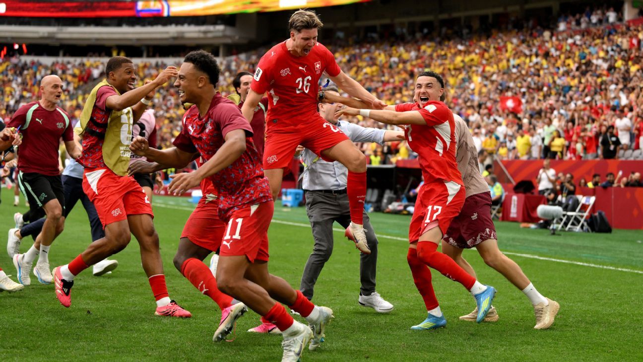 Switzerland players celebrate after beating Colombia 4-3 on penalties in the 2026 FIFA World Cup Round of 16 at BC Place, Vancouver