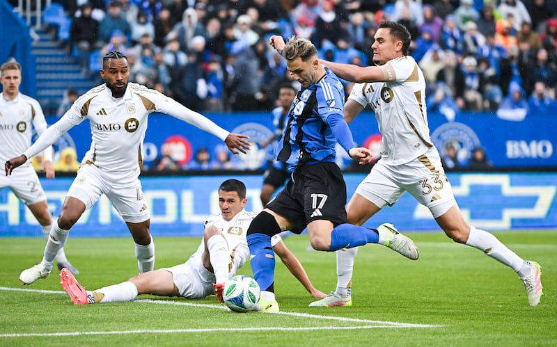 CF Montreal attacker shoots under pressure during an MLS home match