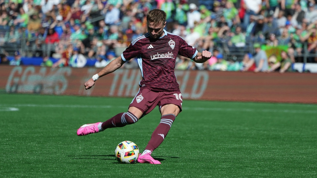 Colorado Rapids player strikes the ball during a 2026 MLS match