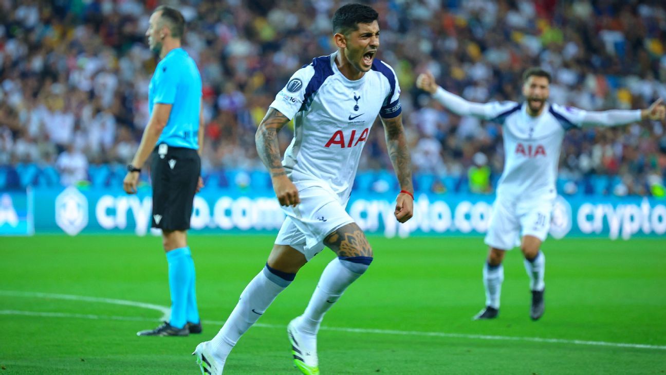 Cristian Romero celebrates wearing the Tottenham captain's armband