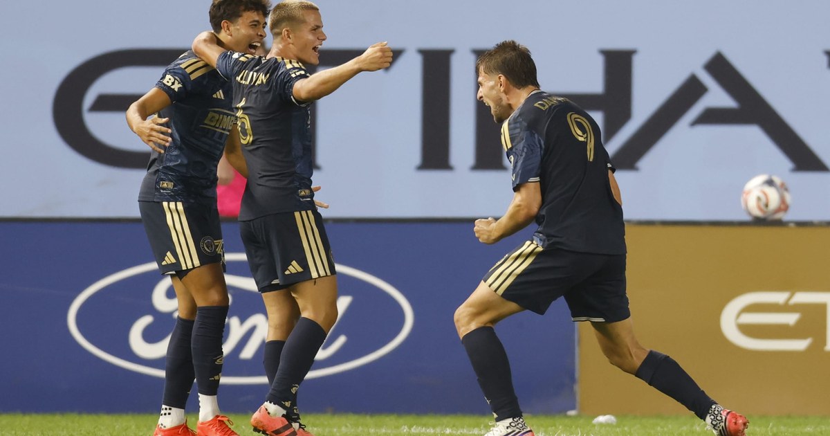 Philadelphia Union players celebrate during their 3-2 comeback win at Yankee Stadium