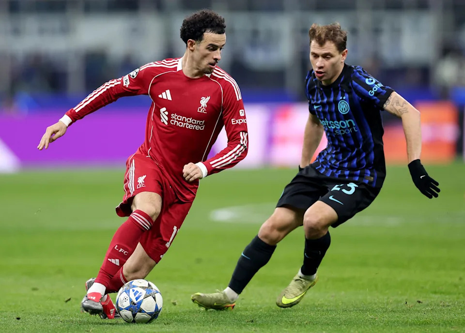 Curtis Jones on the ball for Liverpool under pressure from an Inter Milan defender