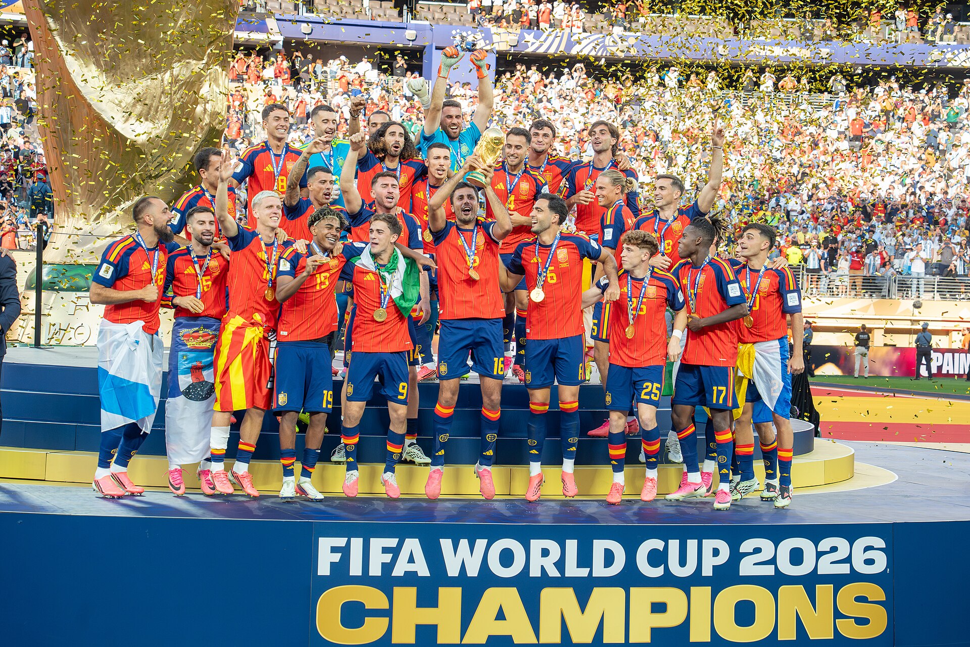 Spain celebrating with the 2026 World Cup trophy after beating Argentina in the final